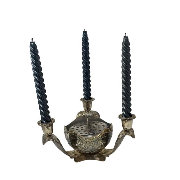 Vintage Silverplate Centerpiece with Flower Frog and 3 Taper Candle Holders – Vi - Picture 5 of 10